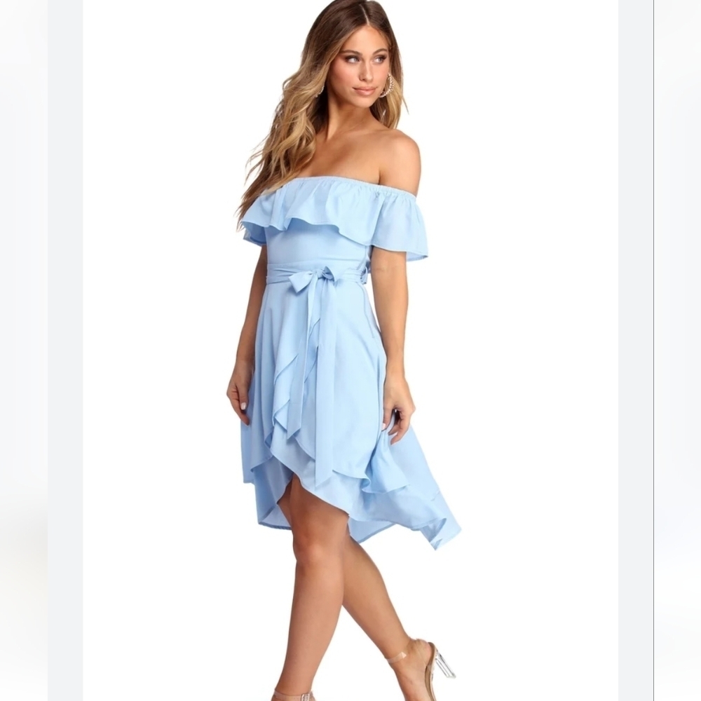 WINDSOR Blue  Flowy Ruffle Casual Off Soulder Dress 👗 Size S